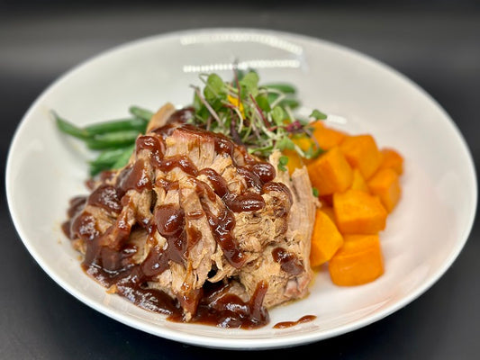 BBQ Pulled Pork w/ Roasted Sweet Potato & Green Beans - A classic Southern dish that's perfect for a hearty and satisfying meal