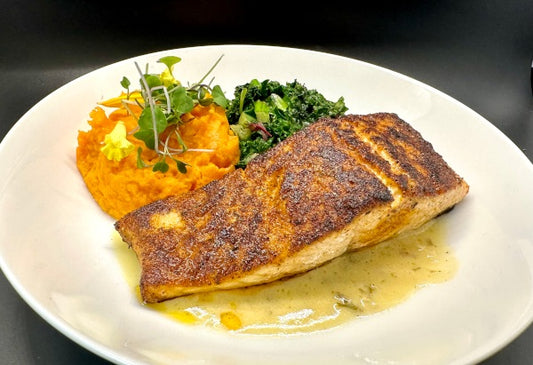 Blackened Wild Salmon w/ Sautéed Kale & Sweet Potato Mash