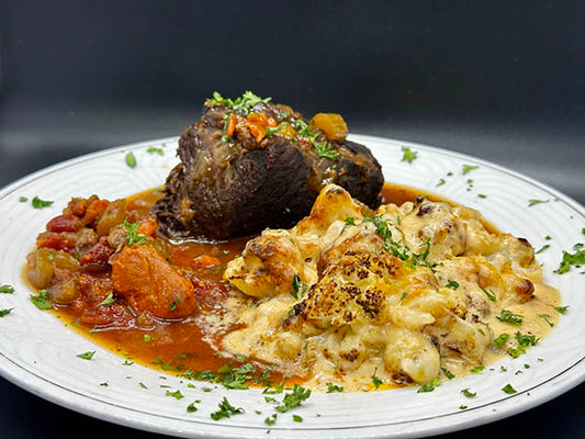 Braised Short Ribs with Cauliflower Mac & Cheese
