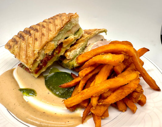 Chicken Pesto Panini w/ Sweet Potato Fries