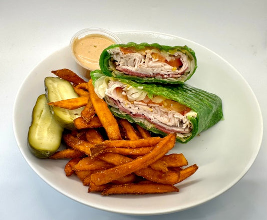 Turkey Bacon Avocado wrap w/ Sweet Potato Fries