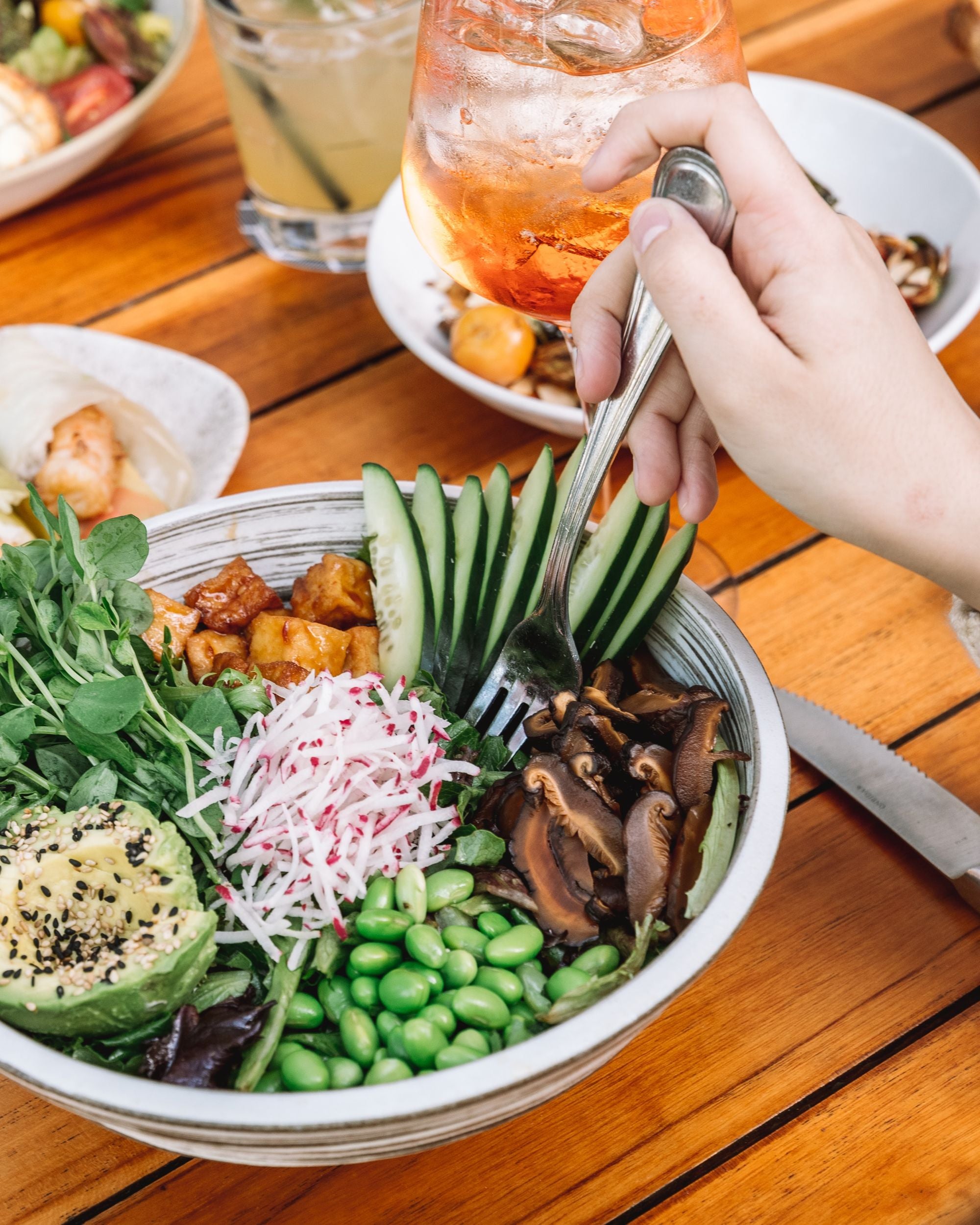 A colorful bowl with tofu, avocado and vegetables