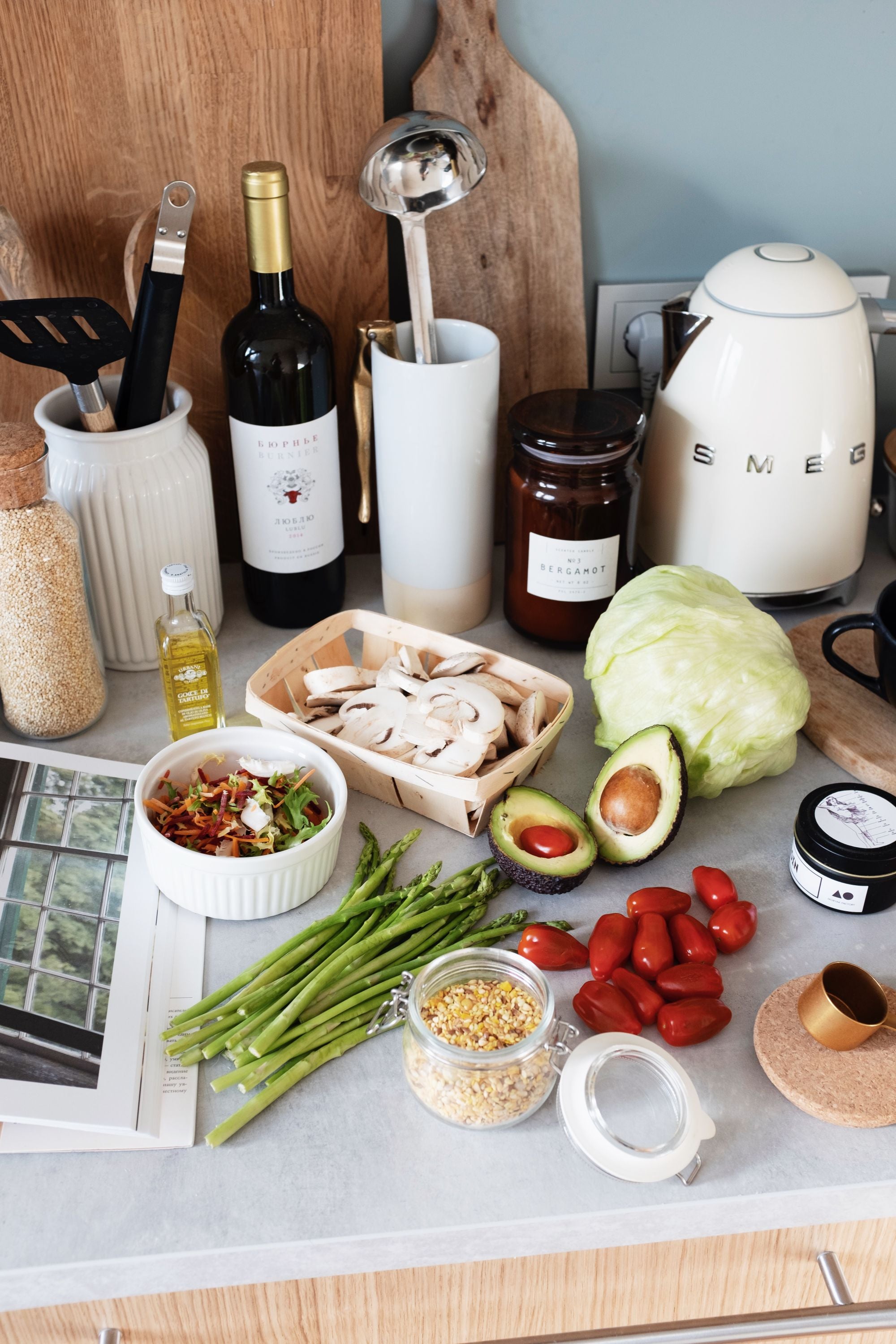 Fresh vegetables arranged on a bright kitchen worktop